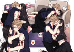 Rule 34 | 1boy, 1girl, apron, arm ribbon, babigonice, barefoot, black hair, blonde hair, blue eyes, blush, breasts, cloud strife, couch, couple, crop top, earrings, final fantasy, final fantasy vii, final fantasy vii advent children, hand on another&#039;s head, hand on another&#039;s mouth, heart, high collar, jewelry, kiss, kissing cheek, large breasts, long hair, lying, on side, red eyes, ribbon, shirt, sitting, sleeping, sleeveless, sleeveless shirt, speech bubble, spiked hair, square enix, star (symbol), starry background, tifa lockhart, waist apron