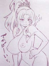 Rule 34 | 1girl, blush, bouncing breasts, breasts, christina (princess connect!), closed mouth, commentary request, completely nude, corrupted twitter file, hand on own hip, highres, huge breasts, looking at viewer, medium hair, monochrome, nipples, nude, ponytail, princess connect!, smile, solo, traditional media, tsukareta san