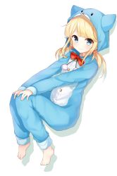 Rule 34 | 1girl, animal ears, bad id, bad pixiv id, barefoot, blonde hair, blue eyes, cat ears, full body, highres, hood, hoodie, long hair, original, pajamas, simple background, smile, solo, twintails, v mgmg, white background