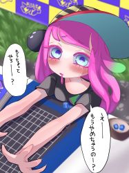 Rule 34 | 1girl, baseball cap, black shirt, blue eyes, blush, clownfish, commentary request, fish, harmony&#039;s clownfish (splatoon), harmony (splatoon), hat, highres, long hair, looking at viewer, nintendo, outstretched arms, pink hair, shirt, short sleeves, sitting, splatoon (series), splatoon 3, striped clothes, striped headwear, t-shirt, table, tama nya, tentacle hair, translation request