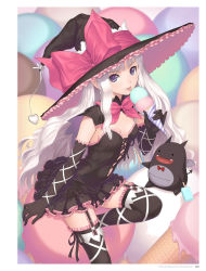 Rule 34 | 10s, 1girl, 1other, :d, bat wings, black dress, black gloves, black thighhighs, bow, bowtie, breasts, capelet, demon, demon tail, dress, earrings, elbow gloves, elf, food, food on face, frills, garter straps, gloves, hat, heart, highres, ice cream, ice cream cone, ice cream on face, jewelry, licking, lolita fashion, long hair, looking at viewer, melty (shining hearts), monster, navel, official art, open mouth, petite, pointy ears, popsicle stick, purple eyes, ribbon, sega, shining (series), shining hearts, short dress, sitting, small breasts, smile, sorbe (shining hearts), strapless, strapless dress, striped, tail, thighhighs, tongue, tongue out, tony taka, very long hair, wavy hair, white hair, wings, witch, witch hat, zettai ryouiki