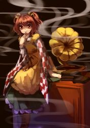 Rule 34 | 1girl, apron, arm support, bell, berabou, book, book stack, checkered clothes, checkered shirt, desk, hair bell, hair ornament, highres, japanese clothes, jingle bell, kimono, looking at viewer, motoori kosuzu, on desk, phonograph, red eyes, red hair, shirt, short hair, sitting, on desk, smile, smoke, solo, touhou, two side up, wide sleeves
