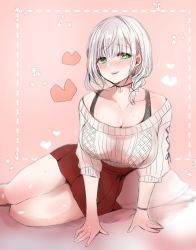 Rule 34 | 1girl, all fours, blush, bra, bra strap, breasts, choker, green eyes, heart, hololive, jewelry, large breasts, legs together, low-cut, lying, mamemix, necklace, on side, red skirt, shirogane noel, shirogane noel (casual), skirt, smile, solo, sweat, sweatdrop, sweater, thighs, underwear, virtual youtuber, white hair, white sweater