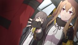 Rule 34 | 2girls, armband, belt, black gloves, black jacket, black scarf, bow, brown eyes, brown hair, eyebrows, fingerless gloves, girls&#039; frontline, gloves, grey hair, griffin &amp; kryuger military uniform, hair between eyes, hair bow, helianthus (girls&#039; frontline), hood, hooded jacket, indoors, jacket, looking at another, multiple girls, nose, open clothes, open hands, open jacket, pink eyes, ribbon, scar, scar across eye, scar on face, scarf, shirt, siblings, sisters, twins, twintails, ump45 (girls&#039; frontline), ump9 (girls&#039; frontline), upper body, walkie-talkie, white shirt, xiujia yihuizi, yellow scarf