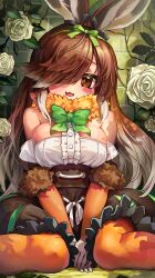 Rule 34 | 1girl, :3, :d, absurdres, animal ears, bare shoulders, blush, bow, bowtie, breasts, brick wall, brown eyes, brown hair, brown skirt, center frills, commentary, elbow gloves, european hare (kemono friends), feet out of frame, flower, frills, fur collar, gloves, gradient hair, green bow, green bowtie, grey hair, hair over one eye, hair ribbon, high-waist skirt, highres, kemono friends, large breasts, long hair, looking at viewer, melaton, multicolored hair, one eye covered, open mouth, orange pantyhose, pantyhose, rabbit ears, rabbit girl, ribbon, rose, shirt, sitting, skirt, smile, solo, wariza, white flower, white rose, white shirt