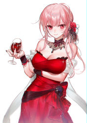 Rule 34 | 1girl, absurdres, alcohol, arm under breasts, bare shoulders, bow, breasts, cleavage, commentary, cup, dress, drinking glass, eyes visible through hair, flower, hair flower, hair ornament, highres, hololive, hololive english, large breasts, long hair, looking at viewer, mori calliope, mori calliope (party dress), nail polish, pink hair, red bow, red dress, red eyes, red nails, smile, smilesmile1312, virtual youtuber, wine, wine glass