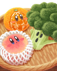Rule 34 | :o, blush stickers, broccoli, food, food focus, foodification, from above, fruit, highres, kirby, kirby (series), looking at viewer, miclot, nintendo, no humans, open mouth, orange (fruit), pear, vegetable, waddle dee, whispy woods, white background, wicker basket
