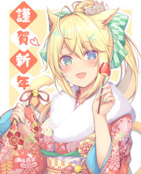 Rule 34 | 1girl, animal ears, bad id, bad pixiv id, bell, blonde hair, blush, bow, cat ears, cat tail, facial mark, fang, final fantasy, final fantasy xiv, food, furisode, hair bow, heart, heterochromia, japanese clothes, kimono, long hair, looking at viewer, miqo&#039;te, mouse (animal), mouse on head, mutsuba fumi, nail polish, obi, open mouth, sash, solo, tail, tail bell, tail bow, tail ornament, warrior of light (ff14)