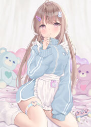 Rule 34 | 1girl, akino ell, apron, blue jacket, blush, breasts, brown hair, closed mouth, commentary request, controller, frilled apron, frills, game controller, hair ornament, hairclip, hand up, highres, jacket, long hair, long sleeves, looking at viewer, loose socks, medium breasts, original, pill, pink eyes, playstation controller, puffy long sleeves, puffy sleeves, rabbit hair ornament, sitting, socks, solo, stuffed animal, stuffed toy, teddy bear, track jacket, very long hair, wariza, white apron, white socks, wing hair ornament