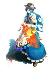 Rule 34 | 1girl, blue hair, boots, dress, female focus, food, foreshortening, fruit, full body, hat, hinanawi tenshi, long hair, peach, skirt, solo, sousou (sousouworks), sword, sword of hisou, touhou, weapon, white background