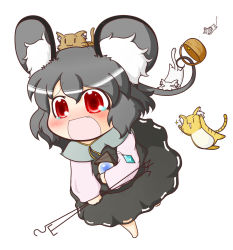 Rule 34 | 1girl, animal, animal ears, animal on head, barefoot, basket, bishamonten&#039;s pagoda, blush, cat, cat on head, chibi, dowsing rod, fang, female focus, full body, highres, mouse (animal), mouse ears, mouse tail, nazrin, on head, open mouth, red eyes, running, shimashima nezumi, simple background, skirt, solo, tail, tears, touhou, white background