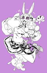 Rule 34 | 1girl, animal ears, baby talking tattletail, breasts, cleavage, highres, holding, holding toy, homestuck, jumping, lexivine, limited palette, mask, midriff, neon violet, neon white, official art, purple background, rabbit ears, rabbit mask, shoes, short hair, simple background, skirt, smuppet, sneakers, solo, squiddle, stuffed animal, stuffed toy, tattletail, thighhighs, toy