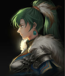 Rule 34 | 1girl, armor, black background, blue tunic, breastplate, chuby mi, earrings, fire emblem, fire emblem: the blazing blade, fire emblem heroes, from side, fur trim, green eyes, green hair, hair tie, high collar, high ponytail, highres, jewelry, long hair, lyn (fire emblem), nintendo, pink lips, ponytail, portrait, profile, shoulder armor, signature, smile, solo