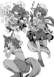 Rule 34 | 1girl, :d, animal ears, ass, bikini, blue archive, breasts, fishnet thighhighs, fishnets, fox ears, fox tail, gloves, greyscale, hair ornament, halo, izuna (blue archive), izuna (swimsuit) (blue archive), kunai, looking at viewer, medium breasts, monochrome, multiple views, open mouth, pleated skirt, po (podi mahattaya), scarf, school uniform, serafuku, shorts, simple background, skirt, smile, squatting, swimsuit, tail, thighhighs, tongue, visor cap, weapon, white background