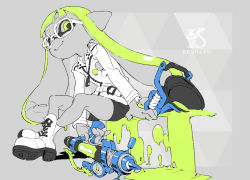 Rule 34 | 1girl, belt, boots, bucket, full body, glasses, green eyes, green hair, inkling, inkling girl, inkling player character, jacket, leather, leather jacket, looking at viewer, matching hair/eyes, monochrome, nintendo, paint, partially colored, pointy ears, shorts, simple background, sitting, solo, splatoon (series), splatoon 1, tentacle hair, thighs, water gun, yoneyama mai