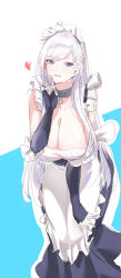 Rule 34 | 1girl, absurdres, apron, azur lane, belfast (azur lane), blue background, blue dress, blue eyes, blush, braid, breasts, chain, cleavage, collar, collarbone, dress, elbow gloves, french braid, frilled apron, frilled gloves, frills, gloves, heart, highres, index finger raised, large breasts, leaning forward, long hair, looking at viewer, maid, maid headdress, mogi yasunobu, parted lips, smile, solo, two-tone background, waist apron, white background, white hair