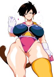 Rule 34 | 1girl, armor, blue eyes, breasts, brown hair, bunkwizard, clothes, condom, covered erect nipples, dragon ball, ear piercing, female focus, gloves, heart, huge breasts, leotard, long hair, mature female, monkey tail, piercing, saiyan, seripa, short hair, simple background, smile, solo, tail, white background, white gloves