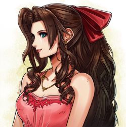 Rule 34 | 1girl, aerith gainsborough, aerith gainsborough (pink dress), bare arms, bow, breasts, brown hair, cleavage, dress, earrings, final fantasy, final fantasy vii, final fantasy vii remake, green eyes, hair bow, highres, jewelry, lipstick, long hair, lukrevadraws, makeup, medium breasts, necklace, official alternate costume, parted bangs, pink dress, sidelocks, sleeveless, sleeveless dress, smile, solo, square enix, upper body, wall market, wavy hair, yellow background