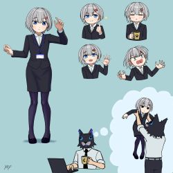 Rule 34 | &gt;:), 1boy, 1girl, :3, = =, absurdres, alternate costume, animal head, annoyed, artist name, belt, black footwear, black jacket, black pantyhose, black skirt, blazer, blue background, blue eyes, blush, bob cut, computer, cup, dress shirt, expressions, formal, full body, hair ornament, hairclip, high heels, highres, holding, holding cup, jacket, lanyard, laptop, lifting person, lomito (rurine luna), moon print, multiple views, necktie, office lady, pantyhose, paw print, pencil skirt, portrait, raised eyebrows, rurine luna, shirt, shoes, signature, silver hair, simple background, skirt, skirt suit, solid eyes, sparkle, suit, thought bubble, thumbs up, v-shaped eyebrows, virtual youtuber, wactor production, waving, white shirt, wing collar, wolf, yof (sc gazer)