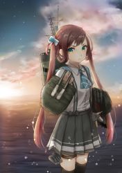 Rule 34 | 10s, 1girl, arm warmers, asagumo (kancolle), ascot, black hair, black thighhighs, brown hair, cannon, cloud, depth charge, hair ribbon, highres, kantai collection, long hair, looking at viewer, machinery, nuno (pppompon), ocean, outdoors, pleated skirt, ribbon, school uniform, shirt, skirt, sky, solo, sunset, suspenders, thighhighs, torpedo, turret, twintails, white shirt