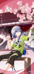 Rule 34 | beret, black choker, blue eyes, bracelet, branch, breasts, chinese commentary, choker, collarbone, eating, eden (honkai impact), food, foot out of frame, fu hua, fu hua (night squire), fu hua (spring traveler), glasses, green shirt, grey hair, hair between eyes, hat, highres, honkai (series), honkai impact 3rd, jewelry, jingwei (bird), looking up, official alternate costume, official art, official wallpaper, shirt, sitting, small breasts, vill-v, watch, white headwear, wristwatch