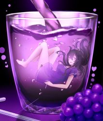 Rule 34 | 1girl, bad id, bad pixiv id, bare legs, barefoot, beifeng han, breasts, character name, cup, dress, drink, drinking glass, drinking straw, floating hair, food, fruit, glint, grapes, heart, in container, in cup, knees up, long hair, looking at viewer, mini person, minigirl, miyaura sanshio, open mouth, original, pouring, purple eyes, purple theme, short dress, short sleeves, smile, solo, underwater