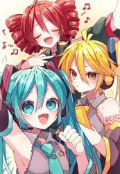 3girls ahoge akita_neru antenna_hair black_shirt blonde_hair blue_eyes blue_hair blue_necktie blue_trim blush cellphone closed_eyes collared_shirt detached_sleeves drill_hair flip_phone grey_shirt hand_on_own_chest hand_up hatsune_miku headphones headset highres holding holding_phone kaho_0102 kasane_teto long_hair long_sleeves looking_at_viewer multiple_girls music musical_note necktie open_mouth phone ponytail red_hair red_necktie red_trim shirt side_ponytail singing sleeveless sleeveless_shirt triple_baka_(vocaloid) twin_drills twintails upper_body utau vocaloid white_background yellow_background yellow_eyes yellow_necktie yellow_trim