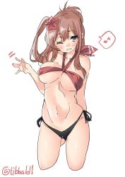 Rule 34 | 10s, 1girl, bad id, bad twitter id, blue eyes, blush, breasts, brown hair, ebifurya, flower, hair between eyes, hair flower, hair ornament, highres, inactive account, kantai collection, large breasts, long hair, looking at viewer, navel, neckerchief, one eye closed, open mouth, ponytail, red neckerchief, saratoga (kancolle), side ponytail, simple background, smile, solo, swimsuit, white background