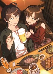 Rule 34 | 1boy, 1girl, ahoge, alcohol, arm hug, beer, beer mug, blush, brown eyes, brown hair, chopstick rest, chopsticks, collared shirt, commentary request, cup, drink, drinking glass, drinking straw, drunk, eye contact, foam, food request, green shirt, hair between eyes, hand up, highres, hikigaya hachiman, hiratsuka shizuka, holding, holding cup, hotaru iori, jacket, long hair, long sleeves, looking at another, mug, open clothes, open mouth, open shirt, plate, red sweater, ribbed sweater, second-party source, shirt, short hair, sitting, sketch, skirt, smile, sweatdrop, sweater, table, teeth, turtleneck, turtleneck sweater, upper teeth only, white shirt, wooden floor, yahari ore no seishun lovecome wa machigatteiru.