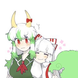 Rule 34 | 2girls, ^^^, blunt bangs, bow, breasts, chinese commentary, closed eyes, collared shirt, commentary request, ex-keine, fujiwara no mokou, green hair, hair ribbon, happy, horn bow, horn ornament, horns, kamishirasawa keine, large breasts, multicolored hair, multiple girls, puffy short sleeves, puffy sleeves, red bow, red eyes, ribbon, shengxian miaomiao cui, shirt, short sleeves, simple background, smile, suspenders, tail, touhou, white background, white hair, white ribbon, white shirt