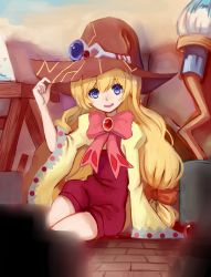Rule 34 | 1girl, beryl benito, blonde hair, blue eyes, bow, brooch, gem, hat, highres, jewelry, long hair, paintbrush, ribbon, ryuuno6, shorts, sitting, solo, tales of (series), tales of hearts, witch hat