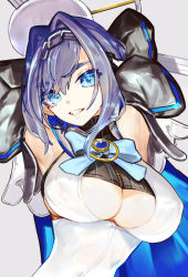 Rule 34 | 1girl, armpits, arms behind head, arms up, blue bow, blue eyes, blue hair, bow, breasts, chain, cleavage cutout, clothing cutout, gem, highres, hololive, hololive english, jewelry, medium hair, multicolored hair, open mouth, ouro kronii, ouro kronii (1st costume), portrait, purple hair, sidelocks, softmode, solo, teeth, two-tone hair, virtual youtuber, zipper