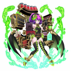 Rule 34 | 1girl, black gloves, black thighhighs, black wings, book, character request, choker, demon girl, demon horns, demon wings, extra eyes, fire, full body, gloves, green eyes, green fire, grimoire, grin, horns, keyhole, leotard, low wings, purple hair, simple background, smile, solo, spacezin, thighhighs, tokyo tenma, tokyo tenma: devil slave, two side up, white background, wings