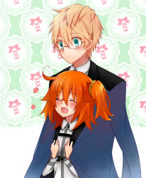 Rule 34 | 1boy, 1girl, ^ ^, ahoge, blonde hair, closed eyes, commentary request, fate/grand order, fate/prototype, fate/prototype: fragments of blue and silver, fate (series), fujimaru ritsuka (female), glasses, green eyes, hair between eyes, hair ornament, hair scrunchie, hanabishi, jekyll and hyde (fate), long sleeves, open mouth, orange hair, scrunchie, side ponytail
