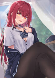 Rule 34 | 1girl, black choker, black jacket, blazer, blue bow, blue bowtie, blue skirt, blush, bow, bowtie, breasts, choker, feet out of frame, hair between eyes, heterochromia, highres, hololive, houshou marine, houshou marine (school uniform), jacket, knees up, koto (colorcube), large breasts, legs, long hair, looking at viewer, official alternate costume, pantyhose, plaid, plaid bow, plaid bowtie, red eyes, red hair, shirt, short sleeves, skirt, solo, virtual youtuber, white shirt, yellow eyes