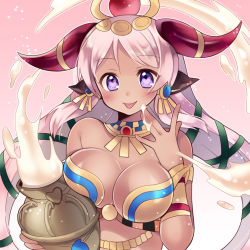 Rule 34 | 1girl, animal ears, armlet, blush, breast press, breasts, cleavage, cow ears, dark-skinned female, dark skin, egyptian, gradient background, hair ornament, hathor (p&amp;d), heart, heart-shaped pupils, holding, horns, jar, jewelry, kaki s, large breasts, light particles, long hair, looking at viewer, lots of jewelry, necklace, outline, pink hair, purple eyes, puzzle &amp; dragons, smile, solo, symbol-shaped pupils, tongue, tongue out, very long hair