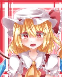 Rule 34 | 1girl, ascot, blonde hair, blush, collared shirt, commentary request, crystal, flandre day, flandre scarlet, frilled shirt collar, frilled sleeves, frills, hair between eyes, hat, hat ribbon, highres, kisaragi ao, looking at viewer, medium hair, mob cap, open mouth, puffy short sleeves, puffy sleeves, red background, red eyes, red ribbon, red vest, ribbon, shirt, short sleeves, side ponytail, simple background, solo, touhou, upper body, vest, white hat, white shirt, wings, yellow ascot