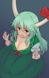 Rule 34 | 1girl, breasts, cleavage, collarbone, dress, ex-keine, from above, green dress, green hair, highres, horn ornament, horn ribbon, horns, kakone, kamishirasawa keine, looking at viewer, looking up, one-hour drawing challenge, puffy short sleeves, puffy sleeves, red eyes, ribbon, short sleeves, solo, tears, touhou