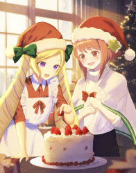 Rule 34 | 2girls, absurdres, alternate costume, apron, artist name, blonde hair, blurry, blurry background, bow, cake, christmas, christmas tree, commentary request, drill hair, elise (fire emblem), fire emblem, fire emblem fates, food, hat, highres, indoors, long hair, medium hair, multiple girls, nintendo, open mouth, purple eyes, red bow, red eyes, red hair, s n reon, sakura (fire emblem), santa hat, smile, sunlight, twin drills, twintails, window