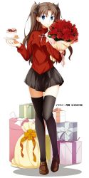 Rule 34 | 1girl, black ribbon, black skirt, black thighhighs, blue eyes, bouquet, box, brown hair, cake, closed mouth, fate/stay night, fate (series), female focus, flower, food, full body, gift, gift box, hair ribbon, holding, holding bouquet, holding cake, holding food, legs, long hair, miniskirt, nina (pastime), pleated skirt, red flower, red rose, red sweater, ribbon, rose, shadow, simple background, skirt, smile, solo, standing, sweater, thighhighs, tohsaka rin, two side up, type-moon, white background, zettai ryouiki