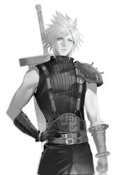 Rule 34 | 1boy, armor, belt, buster sword, cloud strife, cowboy shot, elbow gloves, final fantasy, final fantasy vii, final fantasy vii remake, gloves, greyscale, hand on own hip, highres, monochrome, multiple belts, pants, pauldrons, shoulder armor, simple background, single pauldron, sleeveless, sleeveless turtleneck, solo, spiked hair, spot color, standing, sweater, turtleneck, turtleneck sweater, white background, xianyu314