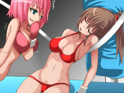 Rule 34 | 2girls, beaten, bikini, boxing, boxing gloves, boxing ring, breasts, brown hair, cleavage, defeat, evil grin, evil smile, closed eyes, green eyes, grin, humiliation, injury, large breasts, laughing, multiple girls, open mouth, original, pink bikini, pink hair, ryona, shamanwer, smile, smirk, sweat, swimsuit, thong, unconscious, underwear