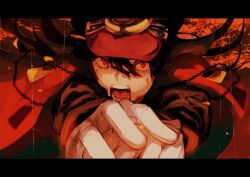 Rule 34 | 1girl, black hair, black jacket, blood, blood on face, cape, chain, commentary, embers, english commentary, fate/grand order, fate (series), floating hair, glaring, gloves, hair between eyes, hands on hilt, hat, hat ornament, ippotsk, jacket, letterboxed, long sleeves, looking at viewer, military jacket, oda nobunaga (fate), oda nobunaga (koha-ace), oda uri, open mouth, outstretched arms, peaked cap, portrait, red cape, red eyes, shaded face, shouting, solo, v-shaped eyebrows, white gloves