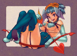 Rule 34 | 1girl, arrow (projectile), blue hair, bow, bow (weapon), breasts, cleavage, coga, garter belt, garter straps, heart, large breasts, licking, original, solo, thighhighs, tongue, weapon, wings