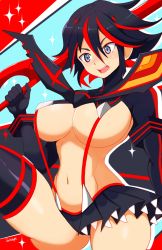 Rule 34 | 1girl, black hair, blue eyes, blush, boots, breasts, gloves, highres, holding, holding weapon, jellcaps, kill la kill, large breasts, long sleeves, matoi ryuuko, multicolored hair, navel, open mouth, parted lips, pleated skirt, red hair, revealing clothes, senketsu, short hair, skirt, solo, streaked hair, thigh boots, thighhighs, thighs, two-tone hair, weapon, wide hips