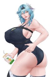 Rule 34 | 1girl, absurdres, ass, bare shoulders, blue hair, breasts, brown eyes, eula (genshin impact), from behind, genshin impact, hair ornament, hairband, highres, huge ass, juice box, large breasts, long hair, looking at viewer, one-piece swimsuit, redsteak, shiny skin, smile, solo, swimsuit, thick thighs, thighhighs, thighs, white background