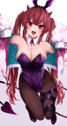 Rule 34 | 1girl, :d, absurdres, animal ears, blush, breasts, brown hair, brown pantyhose, chest tattoo, cleavage, cropped jacket, demon girl, demon horns, demon tail, detached collar, fake animal ears, hair between eyes, highres, horns, jacket, kohe billialot, large breasts, leotard, long hair, open clothes, open jacket, open mouth, original, pantyhose, pink jacket, playboy bunny, purple leotard, rabbit ears, red hair, shoes, smile, solo, strapless, strapless leotard, tail, tattoo, twintails, very long hair