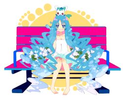 Rule 34 | 10bit, 10s, 1girl, aano (10bit), bad id, bad pixiv id, bare legs, barefoot, bench, blue eyes, blue hair, bubble, coffret (heartcatch precure!), collarbone, cure marine, dress, flower, grin, heartcatch precure!, kurumi erika, long hair, magical girl, matching hair/eyes, object on head, precure, simple background, sitting, sleeveless, smile, solo, sundress, very long hair, wavy hair, white background