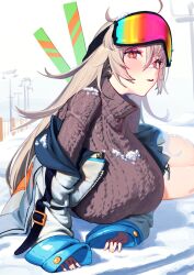 Rule 34 | 1girl, black sweater, blonde hair, blush, breasts, goggles, goggles on head, highres, indie virtual youtuber, jacket, large breasts, long hair, lying, on side, parted lips, red eyes, ski goggles, ski lift, snow, snow on body, solo, sweater, turtleneck, turtleneck sweater, virtual youtuber, waterswing