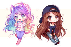Rule 34 | 2girls, :d, animal ears, artist name, backwards hat, black hat, black shirt, boots, borrowed character, brown eyes, brown hair, cat ears, cat tail, chibi, closed mouth, clothes around waist, collarbone, commission, cross-laced footwear, denim, full body, gradient hair, green eyes, hat, hyanna-natsu, index finger raised, jeans, knee boots, lace-up boots, leaning forward, leg up, long hair, long sleeves, looking at viewer, multicolored hair, multiple girls, off-shoulder shirt, off shoulder, open mouth, original, pants, pink footwear, pointing, pointing at self, polka dot, purple pants, rainbow hair, round teeth, shirt, smile, standing, standing on one leg, striped, swept bangs, tail, tareme, teeth, torn clothes, torn jeans, torn pants, vertical stripes, very long hair